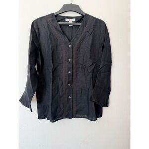 Real Clothes 100% Linen Blouse Womens Medium Black Button Front Boho Top Light